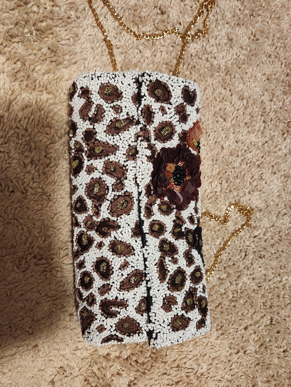 Beaded Leopard Print Crossbody Clutch with Floral Accent - White & Brown